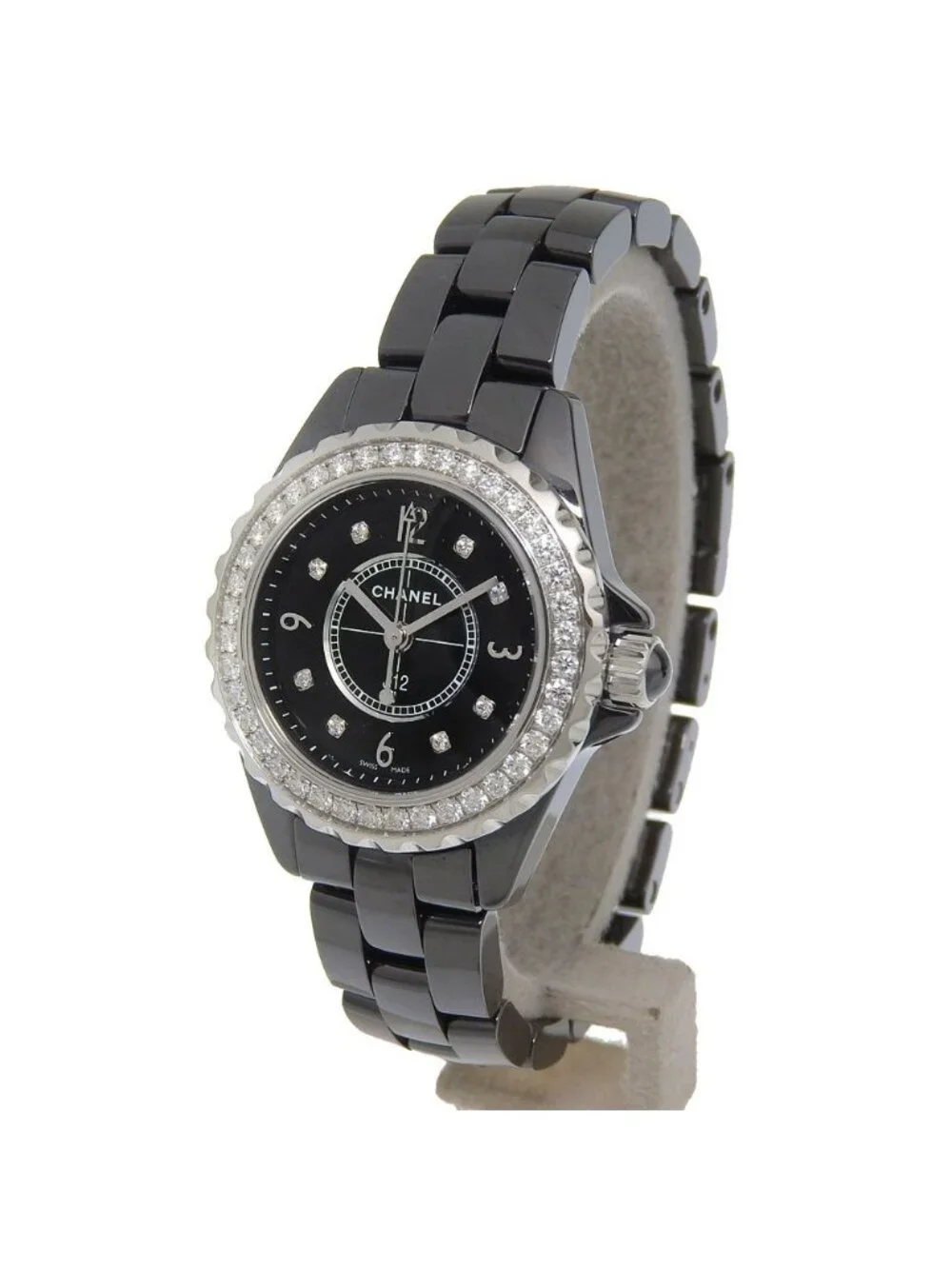 Chanel Ceramic Diamond Quartz Analog Display Black Dial Watch
